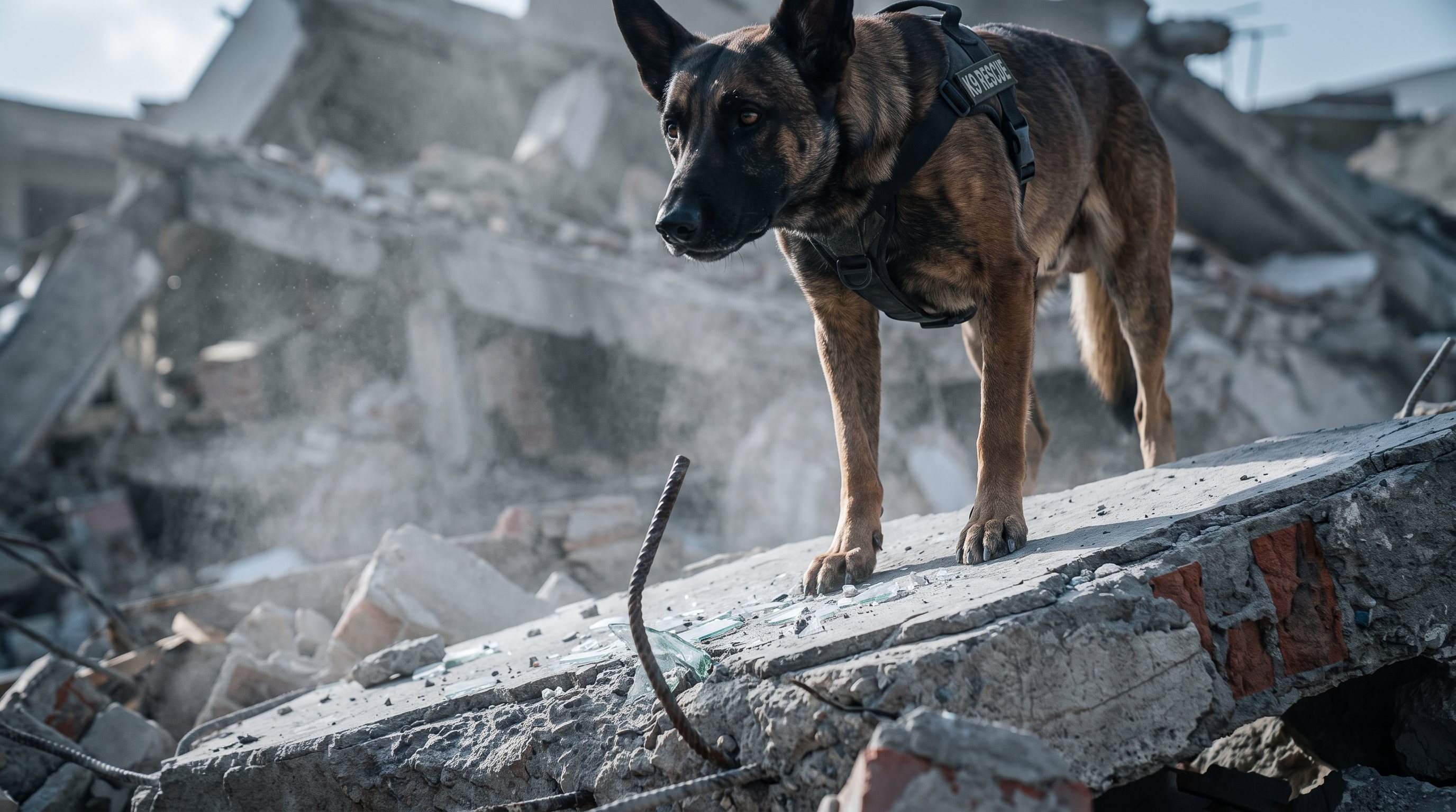 A search-and-rescue dog standing barefoot on a collapsed concrete slab, beside exposed rebar and broken glass.