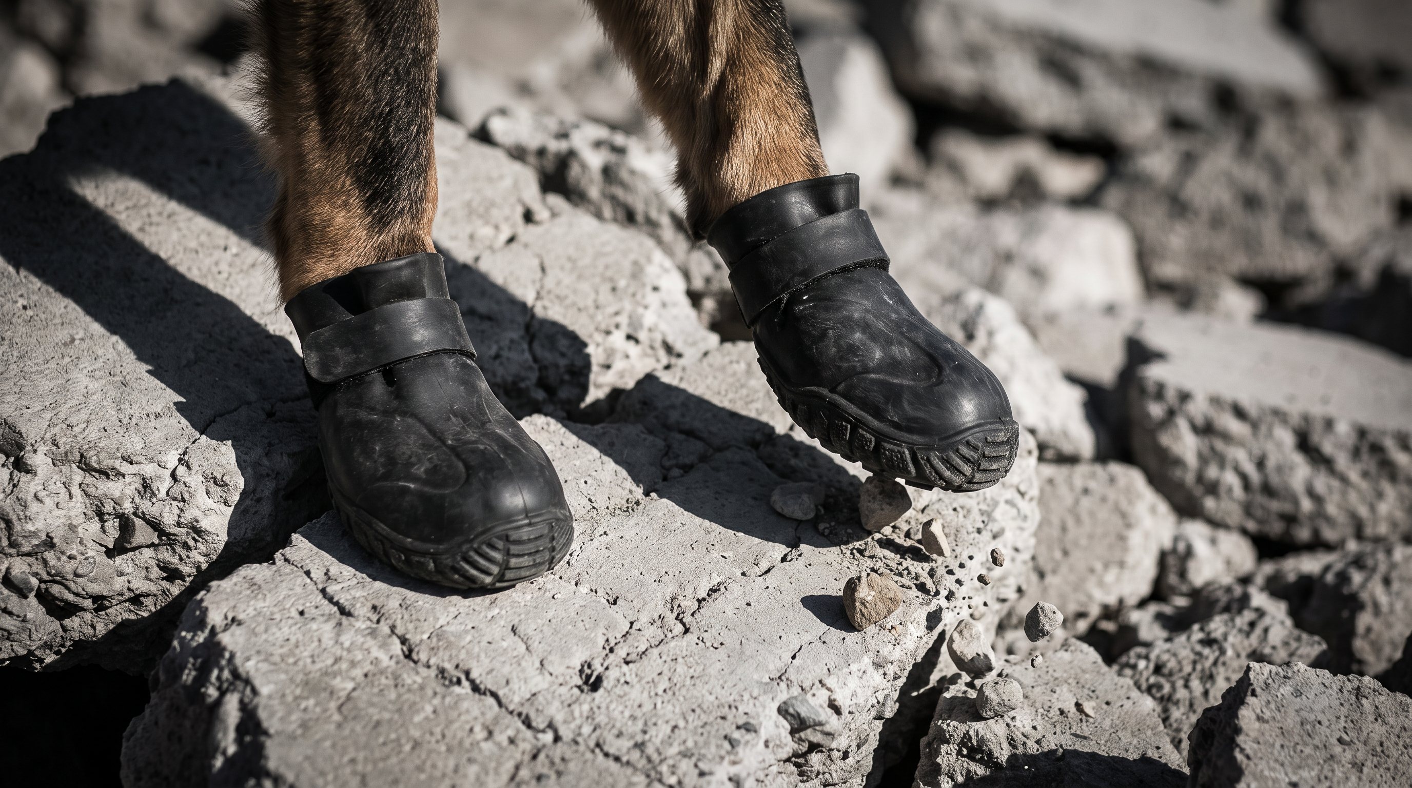 Close-up of a working dog's front paws in conventional rubber boots, standing on broken concrete rubble.