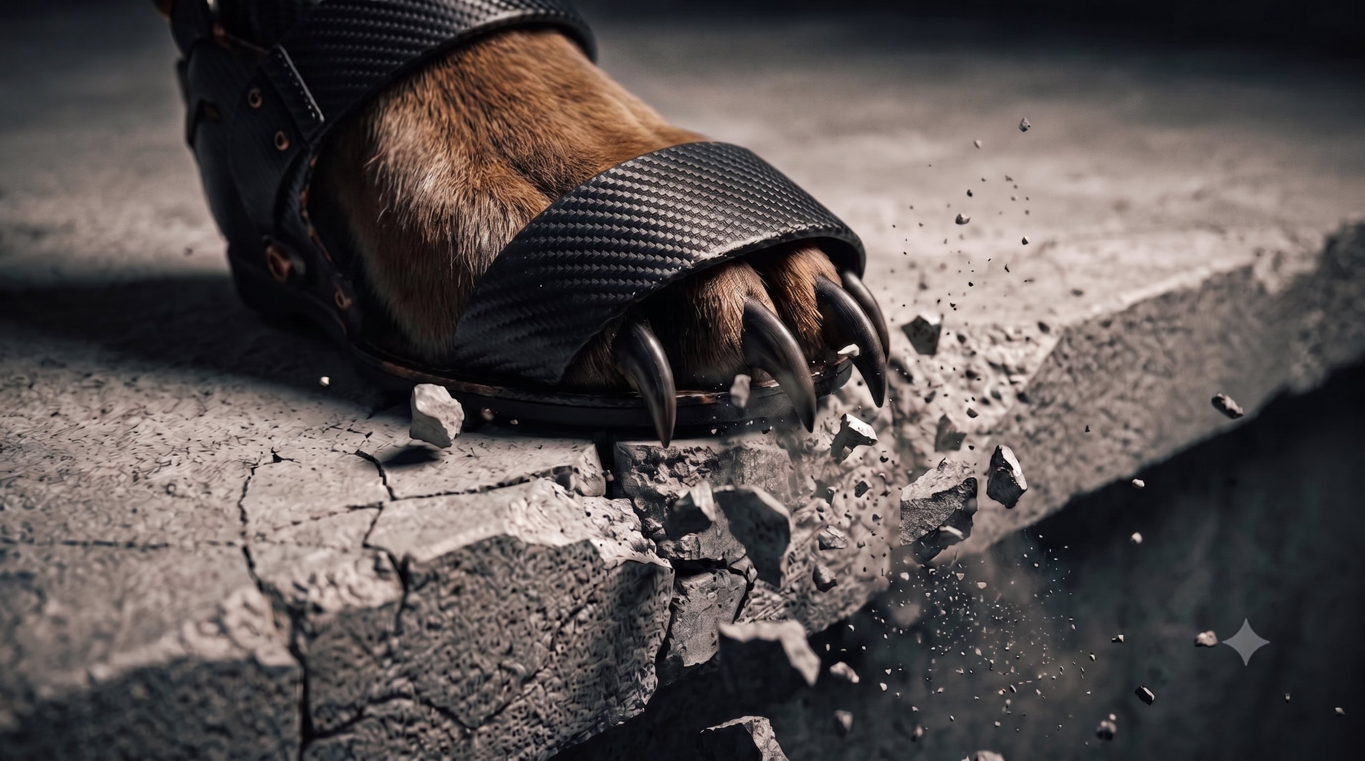 Close-up of a RescuePaw open-toe boot: a carbon toe guard above and bare claws gripping the edge of broken concrete.
