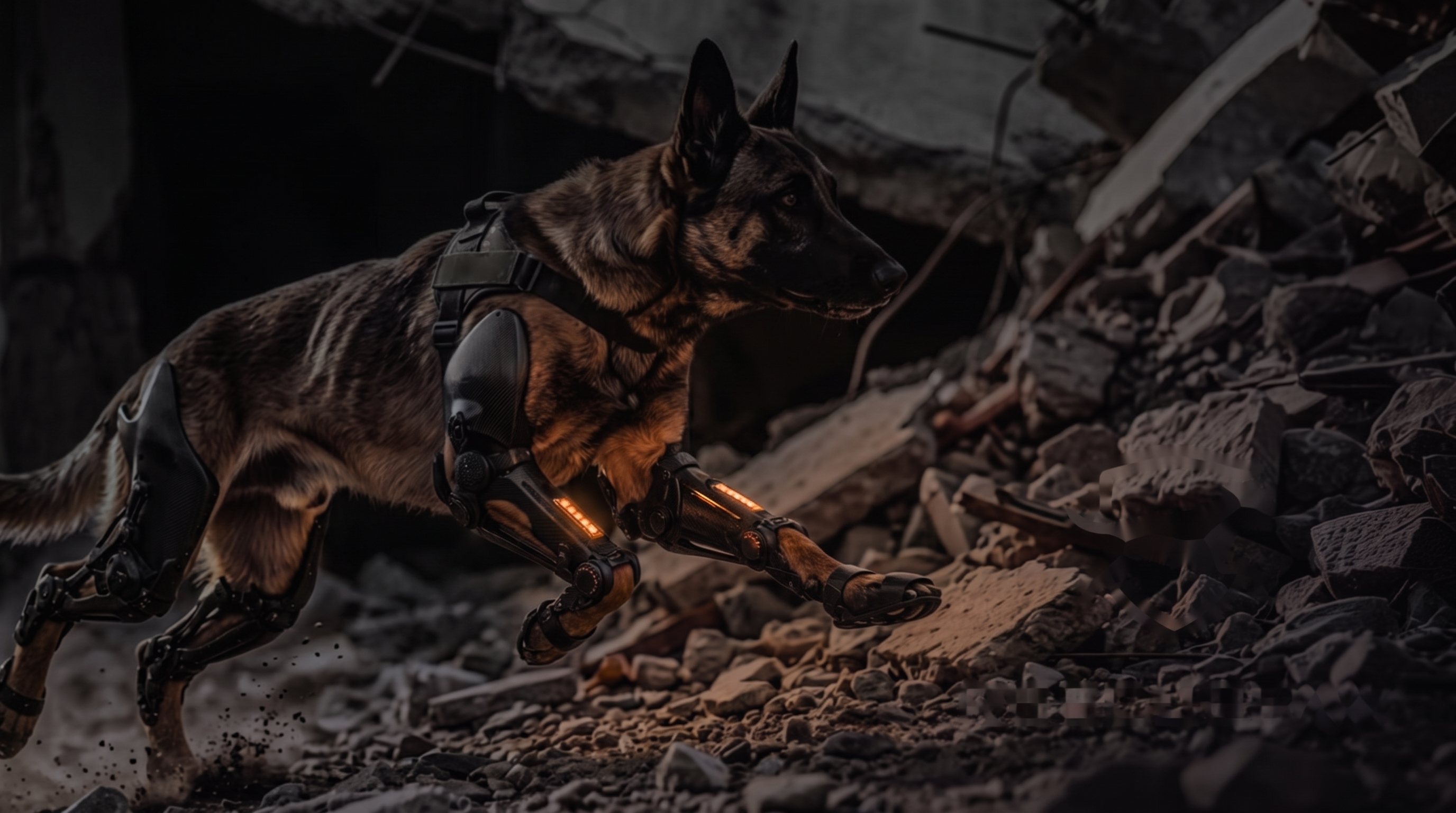 A search-and-rescue dog in RescuePaw exoskeleton boots with glowing haptic modules, moving through a dark collapsed structure.