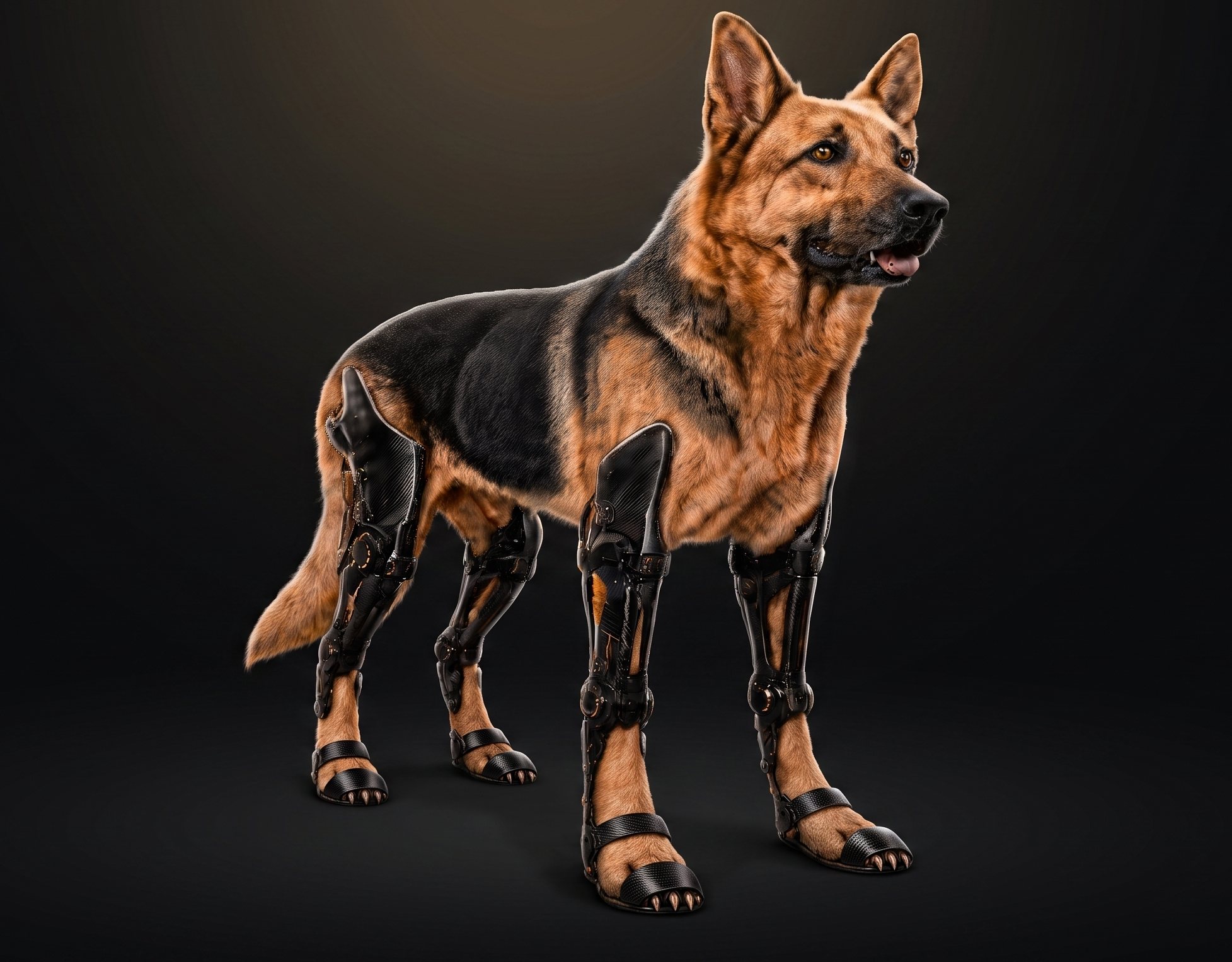 A German Shepherd standing in profile wearing the full RescuePaw system: carbon exoskeleton frames on all four legs with open-toe boots.