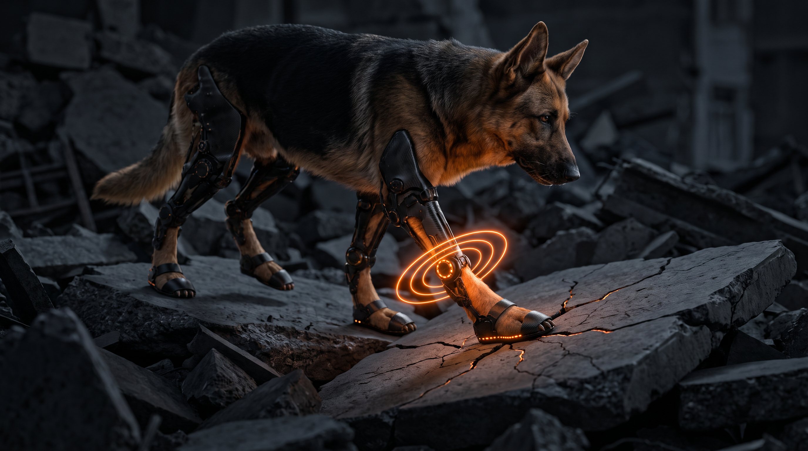 A German Shepherd in RescuePaw exoskeleton boots stepping on cracked concrete; glowing orange rings radiate from the haptic module at its ankle.