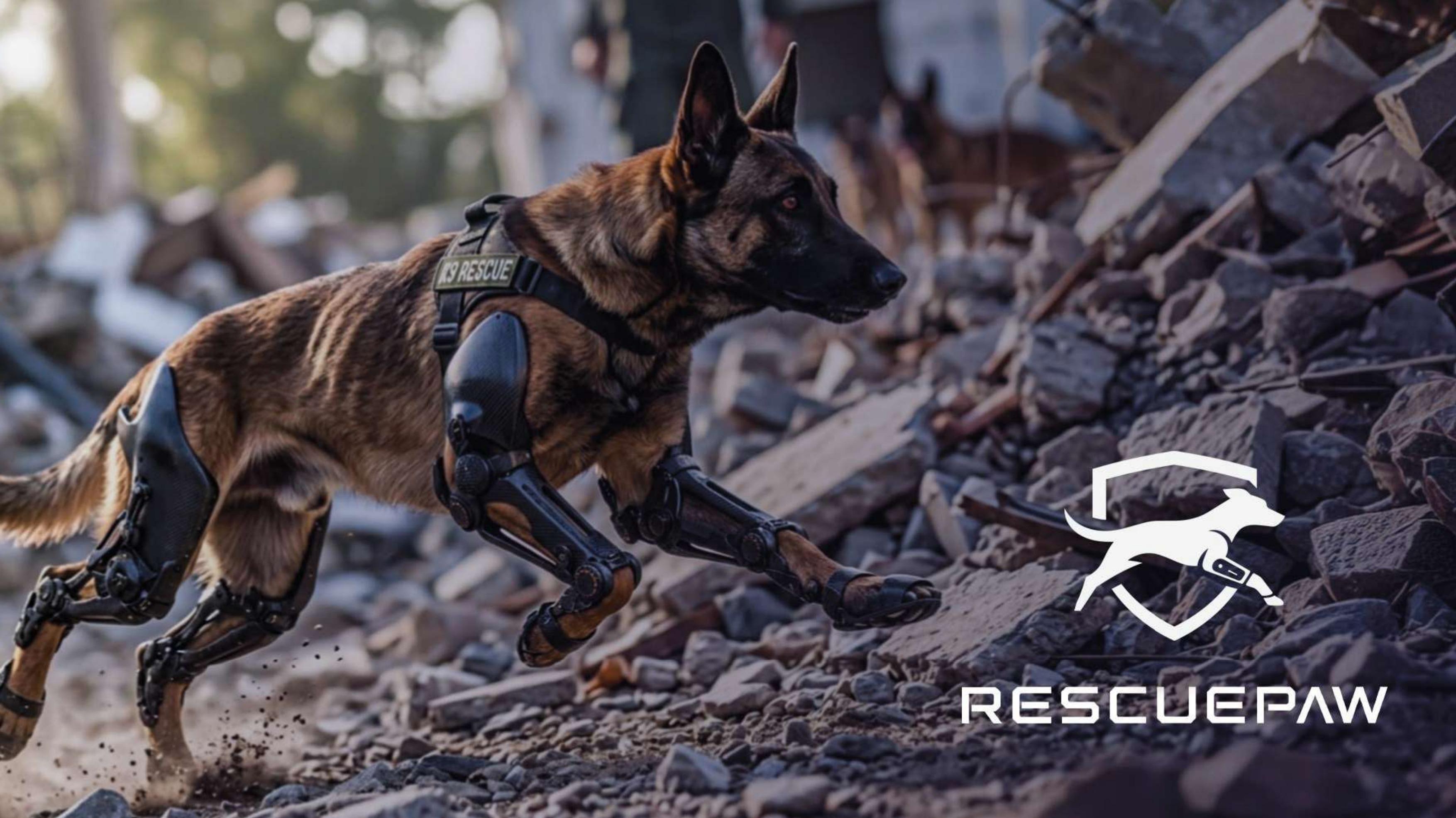 A search-and-rescue dog wearing RescuePaw carbon exoskeleton boots leaping across collapsed-building rubble; the RescuePaw shield logo appears on the right.