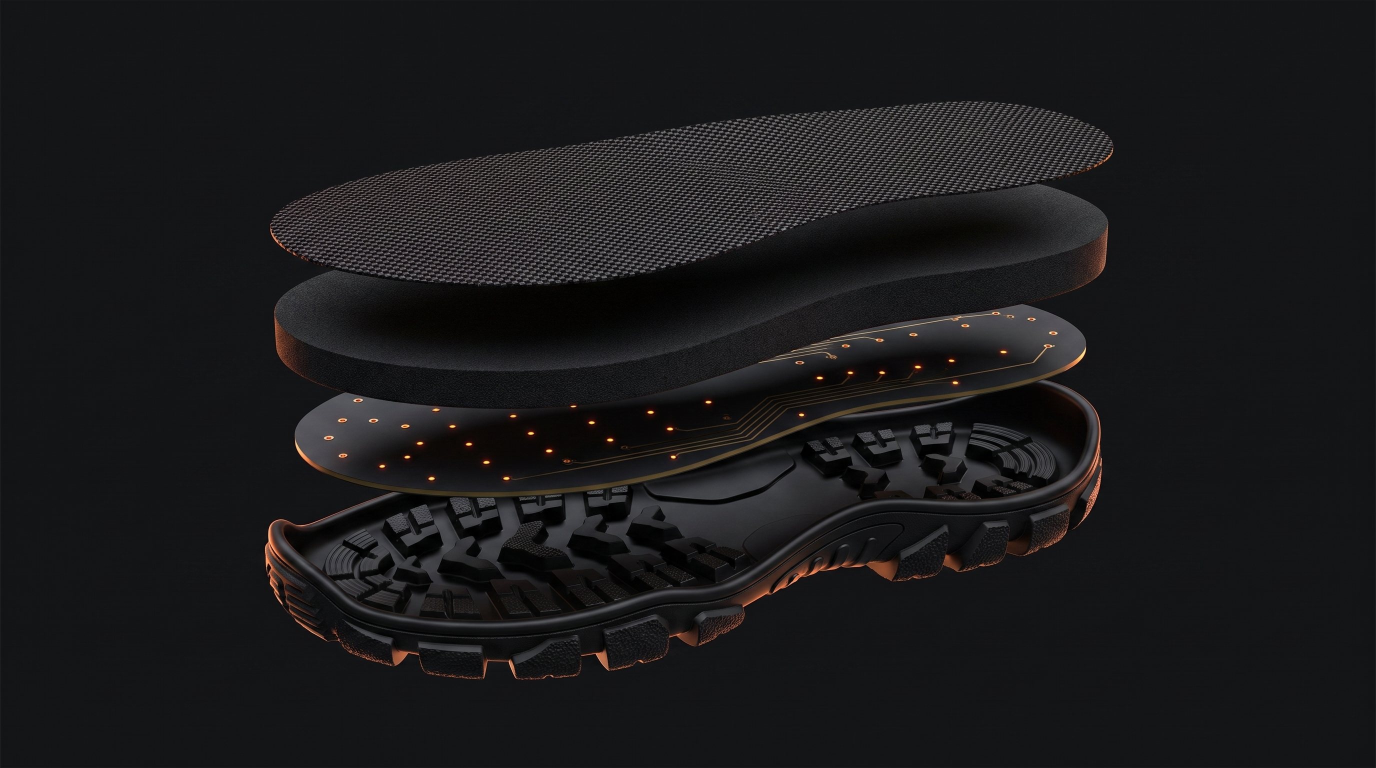 Exploded view of the RescuePaw sole: mesh top layer, cushioning midsole, sensor circuit layer with glowing pressure points, and lugged rubber outsole.